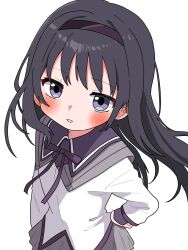 1girl akemi_homura black_hair black_hairband blush hairband haru_maron highres long_hair long_sleeves looking_at_viewer mahou_shoujo_madoka_magica neck_ribbon purple_eyes ribbon school_uniform shirt simple_background skirt solo upper_body white_background white_shirt