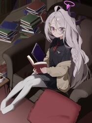 1girl absurdres ahoge alternate_costume armchair bespectacled black_shirt black_skirt blue_archive book book_stack bookshelf cardigan chair collared_shirt commentary_request demon_girl demon_horns forehead gehenna_academy_logo glasses grey_cardigan halo highres hijo_(nakare2845) hina_(blue_archive) holding holding_book horns indoors library long_hair long_sleeves looking_at_viewer necktie no_shoes open_book open_cardigan open_clothes pantyhose parted_bangs parted_lips pillow pleated_skirt purple_eyes red_necktie school_uniform semi-rimless_eyewear shirt sidelocks sitting skirt solo wavy_hair white_hair white_pantyhose wooden_floor