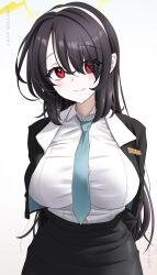 1girl absurdres black_hair black_jacket black_skirt blue_archive breasts bucho_sama hair_over_one_eye halo highres hinata_(blue_archive) jacket large_breasts red_eyes school_uniform shirt sisterhood_(blue_archive) skirt socks thighs white_shirt white_socks yellow_halo