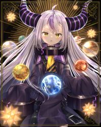 1girl absurdres ahoge ascot belt black_coat blush braid braided_bangs choker coat hair_between_eyes highres hololive horns la+_darknesss long_hair looking_at_viewer multicolored_hair open_mouth planet planetarium planetary_ring purple_hair sidelocks silver_hair small_stellated_dodecahedron solo star_(symbol) streaked_hair ukiukikiwi2525 very_long_hair virtual_youtuber wide_sleeves yellow_ascot
