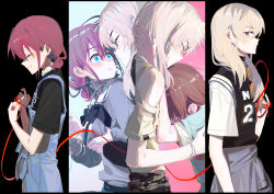2girls absurdres black_choker black_shirt black_sweater_vest blue_overalls bracelet brown_hair choker closed_eyes clothing_cutout commentary crying crying_with_eyes_open eye_contact girls_band_cry grey_hair grey_shirt highres hug iseri_nina jewelry kawaragi_momoka long_hair looking_at_another low_twintails multicolored_hair multiple_girls open_mouth overalls roots_(hair) school_uniform shirt short_hair short_sleeves short_twintails shoulder_cutout string string_of_fate sweater_vest tears twintails ydpfa yuri