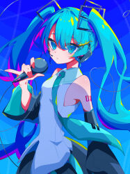 1girl absurdres bare_shoulders black_skirt black_sleeves blue_eyes blue_hair collar detached_sleeves hair_ornament hatsune_miku headphones headset highres looking_at_viewer microphone necktie shirt skirt smile twintails user_stsx8253 vocaloid