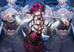 Rule 34 | 1girl, 2boys, armor, arms up, artist name, ball gag, bdsm, bondage, bound, bra, breasts, buttons, chen zi, cloud knight (honkai: star rail), defeat, double-breasted, eyewear on head, gag, gagged, highres, honkai: star rail, honkai (series), kafka (honkai: star rail), medium breasts, medium hair, multiple boys, outdoors, outstretched arms, purple eyes, purple hair, shirt, spread arms, spreader bar, sunglasses, thighs, underwear, white shirt, wiffle gag