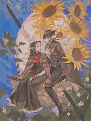 Rule 34 | 2girls, ascot, blonde hair, bloodborne, blue eyes, cape, coat, dress, gem, gloves, hat, hat feather, lady maria of the astral clocktower, long hair, multiple girls, plain doll, ponytail, rakuyo (bloodborne), sword, tricorne, weapon, white hair, yuntu132