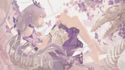 1girl absurdres animal_skeleton barefoot black_tiara breasts bug butterfly butterfly_ornament castorice_(honkai:_star_rail) commentary dress feet flower flower_ornament from_side gloves hair_flower hair_ornament highres honkai:_star_rail honkai_(series) insect knees_up melon_(melontsai) pointy_ears purple_eyes purple_gloves purple_hair solo tiara toes white_dress