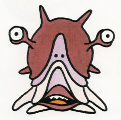 Rule 34 | 1980s (style), colored tongue, creature, creature focus, dragon quest, drohl drone, full body, highres, monster, monster focus, no humans, official art, oldschool, open mouth, orange tongue, retro artstyle, scan, sharp teeth, spikes, teeth, third-party source, toriyama akira
