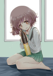 1girl akiyama_yukari backlighting bad_id bad_pixiv_id barefoot black_neckerchief blouse blush brown_eyes brown_hair commentary girls_und_panzer green_skirt head_tilt indoors long_sleeves looking_at_viewer messy_hair miniskirt neckerchief ooarai_school_uniform open_mouth pleated_skirt sailor_collar school_uniform serafuku shirt short_hair sitting skirt smile solo tank_shell wariza white_sailor_collar white_shirt window yurikuta_tsukumi
