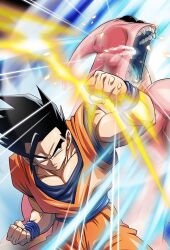 2boys black_eyes black_hair colored_skin dragon_ball majin_buu multiple_boys muscular muscular_male official_art pink_skin punching serious son_gohan ultimate_gohan