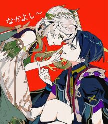 1boy 1girl alternate_eye_color armlet armor bell black_bodysuit black_hair black_sleeves black_socks blunt_ends bodysuit bright_pupils cape cross-shaped_pupils detached_sleeves dress eye_contact eyelashes face-to-face genshin_impact gold gold_trim green_cape green_eyes green_hair hair_ornament half-closed_eyes half_crown_braid index_finger_raised japanese_armor japanese_clothes jewelry juban kimono kote kurokote layered_sleeves leaf leaf_hair_ornament leaning_forward long_hair looking_at_another mandarin_collar middle_finger nahida_(genshin_impact) neck_ring open_mouth purple_rope purple_sleeves ran0315808 red_background red_kimono rope scaramouche_(genshin_impact) shimenawa short_sleeves side_ponytail sidelocks socks symbol-shaped_pupils tassel translation_request white_dress white_hair white_kimono white_mouth white_pupils white_rope white_trim