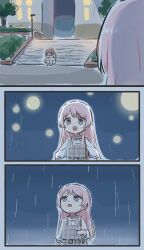 2girls bang_dream! bang_dream!_it&#039;s_mygo!!!!! chihaya_anon commentary dress fang grey_dress grey_eyes highres hugging_own_legs lyy multiple_girls nagasaki_soyo open_mouth pinafore_dress rain shirt sitting skirt sleeveless sleeveless_dress symbol-only_commentary teeth upper_teeth_only white_shirt white_skirt