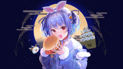 Rule 34 | &gt; &lt;, 1girl, :d, animal ears, aqua hair, blue jacket, breast pocket, bright pupils, burger, carrot hair ornament, choker, dated, denim, denim jacket, eating, food, food-themed hair ornament, food on face, full moon, fur-trimmed jacket, fur trim, gradient hair, hair ornament, hair ribbon, hashtag-only commentary, highres, holding, holding burger, holding food, hololive, jacket, kintotomaturi, long sleeves, looking at viewer, moon, multicolored hair, night, night sky, off shoulder, official alternate costume, official alternate hairstyle, open mouth, pekomon (usada pekora), pocket, puffy long sleeves, puffy sleeves, purple hair, purple ribbon, rabbit ears, red eyes, ribbon, sailor collar, sailor shirt, shirt, short hair, signature, sky, smile, solo, star (sky), starry sky, thick eyebrows, two-tone hair, upper body, usada pekora, usada pekora (casual), white choker, white pupils, white sailor collar, white shirt