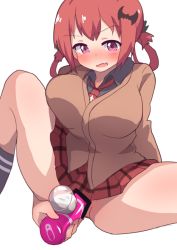 Rule 34 | 1girl, artist request, blush, gabriel dropout, no panties, object insertion, open mouth, purple eyes, red hair, satanichia kurumizawa mcdowell, skirt, solo, spread legs, vaginal, vaginal object insertion