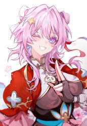 1girl belt black_gloves blue_belt blue_eyes breasts chinese_clothes clenched_teeth commentary diandao_qin earrings fingerless_gloves flower gloves hair_between_eyes hair_ornament hairpin hand_up high_belt highres honkai:_star_rail honkai_(series) jewelry looking_at_viewer march_7th_(honkai:_star_rail) march_7th_(hunt)_(honkai:_star_rail) medium_breasts medium_hair multicolored_eyes official_alternate_costume official_alternate_hairstyle one_eye_closed pink_eyes pink_flower pink_hair shuangyaji sidelocks single_earring smile solo teeth two-tone_eyes upper_body white_background