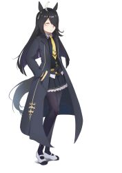 1girl :/ absurdres ahoge animal_ears belt black_belt black_choker black_hair black_pantyhose black_shirt black_skirt choker closed_mouth collared_shirt ear_tag earrings hair_over_one_eye hands_in_pockets highres horse_ears horse_girl horse_tail jewelry light_frown long_bangs long_hair manhattan_cafe_(umamusume) multicolored_hair necktie pantyhose pleated_skirt ritsuinshi shirt shoes simple_background single_earring skirt solo standing tachi-e tail umamusume very_long_hair white_background white_hair white_shoes yellow_eyes yellow_necktie
