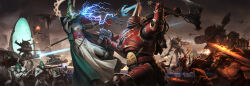 Rule 34 | adeptus astartes, armor, axe, battle, battle axe, bolter, cape, casting spell, chainsword, chaos (warhammer), chaos space marine, darren tan, demon, eldar, energy cannon, fire, flaming sword, flaming weapon, full armor, green cape, highres, holding, holding axe, holding bolter, holding polearm, holding sword, holding weapon, hover vehicle, mecha, official art, polearm, portal (object), robot, scenery, spacecraft, sword, warhammer 40k, warhammer 40k: conquest, weapon