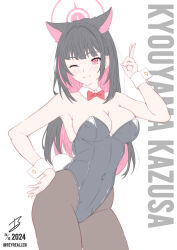 1girl ;) absurdres aged_up alternate_breast_size alternate_costume alternate_hair_length alternate_hairstyle animal_ears bare_shoulders black_hair black_leotard blue_archive blunt_bangs blush bow bowtie breasts bright_pupils brown_pantyhose cat_ears cat_girl character_name cleavage closed_mouth colored_inner_hair commentary covered_navel cowboy_shot detached_collar extra_ears eyelashes fake_tail groin hair_behind_ear hair_intakes halo hand_on_own_hip hand_up happy highleg highleg_leotard highres kazusa_(blue_archive) large_breasts leotard long_hair looking_at_viewer multicolored_hair one_eye_closed pantyhose pink_hair pink_halo playboy_bunny rabbit_tail realen red_bow red_bowtie red_eyes signature simple_background smile solo split_mouth straight_hair strapless strapless_leotard tail twitter_username two-tone_hair v very_long_hair white_background white_wrist_cuffs wrist_cuffs