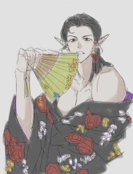 1boy baldur&#039;s_gate baldur&#039;s_gate_3 black_hair black_kimono cazador_szarr dungeons_&amp;_dragons dungeons_&amp;_dragons earrings elf fang floral_print floral_print_kimono folding_fan hair_slicked_back hand_fan highres japanese_clothes jewelry kimono male_focus medium_hair monolids narrowed_eyes pale_skin pointy_ears print_kimono solo white_background whxqxqaaa!