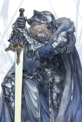 1girl aqua_eyes armor artoria_pendragon_(fate) blonde_hair blue_cape cape commentary cuirass excalibur_(fate/stay_night) fate/stay_night fate_(series) faulds fur-trimmed_cape fur_trim gauntlets greaves helm helmet highres holding holding_sword holding_weapon nameno92372763 narrowed_eyes on_one_knee pauldrons plate_armor saber_(fate) shoulder_armor solo sword weapon white_background