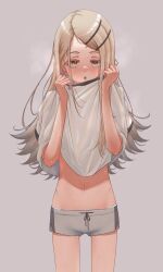 1girl :o akatsuki_(akatsukinotsuki) blonde_hair blush colored_eyelashes commentary_request cowboy_shot flipped_hair gakuen_idolmaster gradient_hair grey_hair grey_shorts groin highres idolmaster looking_at_viewer multicolored_hair navel orange_eyes panties shinosawa_hiro shirt short_shorts shorts simple_background solo steaming_body stomach sweat swept_bangs thighs underwear undressing white_panties white_shirt