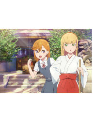 2girls :o artbook blonde_hair broom dress green_eyes grey_dress hairband heanna_sumire highres holding japanese_clothes long_hair looking_at_viewer love_live! love_live!_superstar!! miko multiple_girls non-web_source official_art open_mouth orange_hair orange_hairband pinafore_dress purple_eyes red_ribbon ribbon school_uniform shibuya_kanon shirt shrine sleeveless sleeveless_dress smile tree yuigaoka_school_uniform