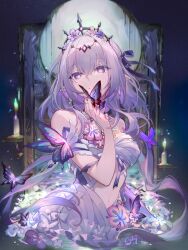 1girl bare_shoulders black_tiara bright_pupils bug butterfly castorice_(honkai:_star_rail) chinese_commentary commentary_request csyday dress elbow_gloves floating_hair flower gloves grey_hair hair_between_eyes highres honkai:_star_rail honkai_(series) insect long_hair looking_at_viewer multicolored_hair navel parted_lips pointy_ears purple_butterfly purple_eyes purple_gloves purple_hair single_elbow_glove solo tiara white_dress white_pupils