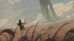 2girls absurdres black_dress black_hair book cloud dress full_body giant giantess highres holding holding_book holding_staff long_hair low_ponytail mage_staff mu_(rnna) multiple_girls original ponytail rnna sitting sky staff standing very_long_hair wariza wheat_field
