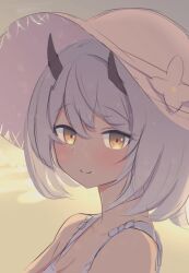 1girl bare_shoulders blue_archive closed_mouth demon_horns dress hat horns iggy@cafe looking_at_viewer official_alternate_costume sena_(blue_archive) sena_(casual)_(blue_archive) solo sun_hat sundress upper_body white_dress white_hair white_hat yellow_eyes
