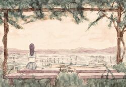 1girl absurdres bbmasa bench blue_sailor_collar blue_skirt commentary_request fence from_behind grass hibike!_euphonium highres horizon kitauji_high_school_uniform liz_to_aoi_tori long_hair on_bench outdoors purple_hair sailor_collar scenery school_uniform shirt short_sleeves sitting skirt sky solo summer_uniform traditional_media white_shirt yoroizuka_mizore