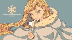 Rule 34 | 1girl, aqua background, artdroiiid ii, blonde hair, breath, cloak, cold, colored eyelashes, commentary, earrings, english text, eyelashes, fur-trimmed hood, fur trim, grey cloak, hair behind ear, highres, hood, hooded cloak, jewelry, long hair, looking at viewer, multicolored eyes, original, parted lips, smile, snowflake print, solo, straight hair, stud earrings, swept bangs, symbol-only commentary, turning head, upper body, very long hair, winter clothes