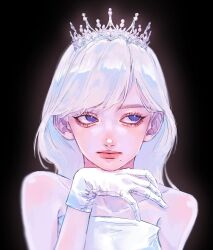 1girl bare_shoulders black_background blue_eyes closed_mouth dress gloves highres long_hair looking_to_the_side mole mole_under_eye ninjin_14 no_pupils original parted_bangs portrait silver_tiara simple_background solo white_dress white_gloves white_hair