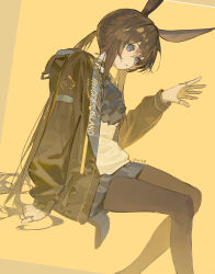 1girl absurdres amiya_(arknights) animal_ears arknights ascot blue_ascot blue_eyes blue_skirt brown_hair brown_pantyhose highres infection_monitor_(arknights) jacket jewelry multiple_rings open_clothes open_jacket pantyhose rabbit_ears rabbit_girl ring shirt sitting skirt solo white_shirt yellow_background yyydddd0