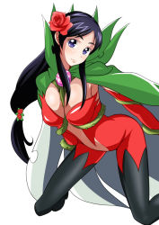 1girl alternate_hairstyle arm_warmers black_boots black_thighhighs blue_eyes boots breasts cape cleavage cosplay crossover detached_sleeves digimon digimon_(creature) digimon_savers female_focus flower futari_wa_precure hair_flower hair_ornament jabara_tornado kneeling large_breasts long_hair looking_at_viewer navel precure purple_hair rosemon rosemon_(cosplay) simple_background smile solo thigh_boots thighhighs voice_actor_connection white_background yukana yukishiro_honoka