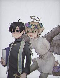 2boys :d ahoge alternate_costume angel angel_wings arms_behind_back basil_(faraway)_(omori) basil_(omori) basket black_eyes black_hair black_jacket blonde_hair blue_flower blue_rose book bright_pupils cassock cataracts closed_mouth cross cross_necklace cross_print double-parted_bangs feathered_wings flipped_hair flower flying green_eyes grey_background grey_pants grhm_0418 hair_between_eyes halo head_wreath high_collar highres holding holding_basket holding_book holding_cross jacket jewelry latin_cross long_sleeves looking_ahead looking_at_another male_focus multiple_boys necklace official_alternate_eye_color omori open_mouth pants priest purple_flower rose short_hair short_sleeves sidelocks smile spoilers standing stole sunny_(omori) traditional_halo tunic white_pupils white_tunic wings yellow_flower