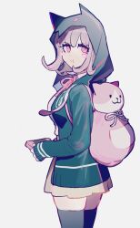 Rule 34 | 1girl, animal bag, bowknot huhu, breasts, brown hair, brown skirt, collared shirt, danganronpa (series), danganronpa 2: goodbye despair, flipped hair, hair ornament, handheld game console, highres, holding, holding handheld game console, hood, jacket, long sleeves, looking at viewer, medium hair, nanami chiaki, neck ribbon, no hair ornament, open clothes, open jacket, pink bag, pink eyes, pink ribbon, pout, ribbon, shirt, skirt, solo, thighhighs, white shirt, zettai ryouiki