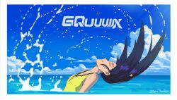 Rule 34 | 1girl, absurdres, artist name, black hair, closed eyes, cloud, cloudy sky, collarbone, commentary, copyright logo, copyright name, cumulonimbus cloud, day, english commentary, gundam, gundam gquuuuuux, highres, long hair, nyaan (gundam gquuuuuux), ocean, one-piece swimsuit, outdoors, signature, sky, solo, swimming, swimsuit, water, water drop, yellow one-piece swimsuit, zen (jirakun)