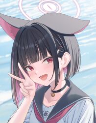 1girl :d animal_ears black_choker black_hair blue_archive blunt_bangs blush cat_choker cat_ears cat_girl choker colored_inner_animal_ears colored_inner_hair commentary extra_ears halo hand_up highres kazusa_(blue_archive) looking_at_viewer multicolored_hair neckerchief open_mouth pink_hair pink_halo portrait rama_(yu-light8) red_eyes red_neckerchief school_uniform serafuku shirt short_sleeves smile solo v white_shirt
