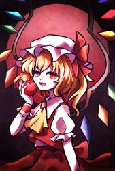 1girl apple ascot blonde_hair bow collared_shirt commentary crystal crystal_wings flandre_scarlet food fruit full_moon hat hat_bow highres holding holding_food holding_fruit long_hair looking_at_viewer mob_cap moon multicolored_wings one_side_up open_mouth red_bow red_eyes red_moon red_skirt red_vest shirt short_sleeves skirt skirt_set smile soda_(sodaa_811) solo touhou vest white_hat white_shirt wings yellow_ascot