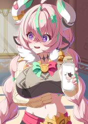1girl absurdres animal_ears aqua_hair arm_under_breasts blush bottle breasts commentary_request cow_ears cow_girl cow_horns crop_top fingernails fuyunash1 genshin_impact hair_ornament highres holding holding_bottle horns large_breasts long_hair looking_to_the_side milk_bottle multicolored_hair open_mouth pink_hair purple_eyes solo stomach streaked_hair varesa_(genshin_impact) very_long_hair
