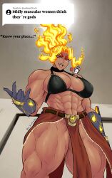 Rule 34 | 1boy, 1girl, abs, artist name, bare shoulders, belt, breasts, dark-skinned female, dark skin, eljarochofeliz, english text, female focus, fingernails, fire hair, from below, gauntlets, highres, huge breasts, indoors, loincloth, long fingernails, looking at viewer, meme, muscular, muscular female, navel, o-ring, o-ring top, on shoulder, original, puppet (eljarochofeliz), red eyes, sharp nails, shiny skin, slit pupils, thick eyebrows, thick thighs, thighs, titania (eljarochofeliz), tongue, tongue out, wide hips, yellow pupils
