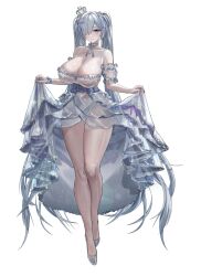 1girl absurdres arm_cuffs bare_shoulders breasts cinderella_(glass_princess)_(nikke) cinderella_(nikke) cleavage closed_mouth clothes_lift crown disgustingtokki dress dress_lift full_body glass_slipper goddess_of_victory:_nikke grey_nails hair_over_one_eye highres huge_breasts lifting_own_clothes long_hair mini_crown official_alternate_costume panties_visible_through_clothes see-through_clothes see-through_dress see-through_footwear simple_background smile solo thick_thighs thighs veins veiny_breasts very_long_hair white_background wide_hips