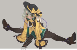 1futa absurdres adapted_costume back_bow bar_censor bare_back bare_shoulders between_breasts black_bow black_hat black_pantyhose bow breasts brown_footwear bulge censored closed_mouth clothes_between_breasts collared_shirt commentary_request covered_erect_nipples erection erection_under_clothes eyelashes floral_print frilled_shirt_collar frilled_skirt frilled_sleeves frills futanari green_eyes green_hair green_skirt grey_background hat hat_bow hat_ribbon high_heels highres huge_penis komeiji_koishi looking_at_viewer medium_hair on_floor pantyhose penis ribbon rose_print rustycork shirt sitting skirt sleeve_bow sleeves_past_fingers sleeves_past_wrists small_breasts solo split tongue tongue_out touhou yellow_bow yellow_ribbon yellow_shirt