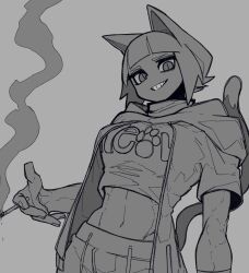 1girl blunt_bangs bone_nigi breasts cat_girl cat_tail cigarette crop_top grey_background greyscale highres holding holding_cigarette kurogai_(bone_nigi) looking_at_viewer monochrome navel original short_hair simple_background slit_pupils smile smoke solo tail toned toned_female upper_body