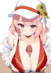 1boy 1girl absurdres bikini blush braid breasts breasts_squeezed_together censored choker cleavage closed_mouth collarbone commission fire_emblem fire_emblem_engage flower hair_ribbon hat highres huge_breasts lapis_(fire_emblem) long_sleeves medium_hair mosaic_censoring myapanpan nintendo paizuri penis pink_eyes pink_hair red_bikini red_choker ribbon shirt simple_background skeb_commission solo_focus sunflower swimsuit white_background white_bikini white_hat white_ribbon white_shirt