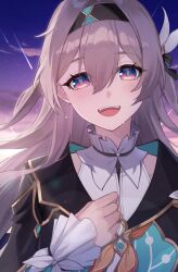 Rule 34 | 1girl, a akatsuki 1531, black hairband, black jacket, black ribbon, blue pupils, blush, cloud, cloudy sky, collared shirt, crying, crying with eyes open, firefly (honkai: star rail), frilled sleeves, frills, gradient eyes, grey hair, hair between eyes, hair intakes, hair ornament, hair ribbon, hairband, hashtag-only commentary, highres, honkai: star rail, honkai (series), jacket, long hair, long sleeves, multicolored eyes, neckerchief, night, night sky, open mouth, orange neckerchief, ribbon, shirt, shooting star, sky, smile, solo, star (sky), starry sky, streaming tears, tears, teeth, upper teeth only, white shirt, white sleeves