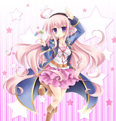 10s 1girl ahoge bad_id bad_pixiv_id belt boots candy female_focus food headphones highres kouta. lollipop long_hair mouth_hold pink_hair police police_uniform purple_eyes skirt solo star_(symbol) tantei_opera_milky_holmes tooyama_saku