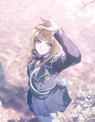 1girl absurdres alice_zuberg arm_up blonde_hair blue_eyes blue_jacket blue_skirt braid braided_ponytail cherry_blossoms collared_shirt commentary_request cowboy_shot hairband highres jacket long_hair long_sidelocks long_sleeves looking_at_viewer looking_up neck_ribbon outdoors pantyhose pleated_skirt red_ribbon ribbon school_uniform shirt sidelocks skirt skirt_set solo standing sword_art_online sword_art_online:_alicization white_hairband white_pantyhose white_shirt yoru_kiri
