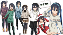 1girl absurdres black_hair black_pantyhose brown_eyes casual highres k-on! long_hair multiple_views nakano_azusa oku_no_shi pantyhose santa_costume shorts thighhighs twintails