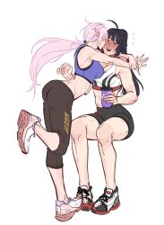 2girls ahoge alternate_costume ass black_shorts blush breasts cleavage commentary commission elysia_(honkai_impact) english_commentary highres holding_thermos honkai_(series) honkai_impact_3rd kiss kissing_cheek large_breasts long_hair lycanheiress midriff multiple_girls pants pink_hair purple_hair purple_sports_bra raiden_mei shoes shorts simple_background skin_tight sports_bra thermos white_background white_shoes white_sports_bra yoga_pants yuri
