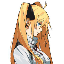 1girl ahoge angelica_ainsworth black_ribbon blonde_hair blue_eyes breasts chietori closed_mouth fate/kaleid_liner_prisma_illya fate_(series) frilled_shirt frills from_side hair_between_eyes hair_ribbon highres long_hair looking_down neck_ribbon profile red_ribbon ribbon shirt simple_background solo takeuchi_takashi_(style) twintails upper_body white_background white_shirt