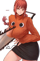 1girl aosora2823 artist_name black_skirt braid braided_ponytail breasts chainsaw_man closed_mouth commentary_request highres large_breasts long_hair looking_at_viewer makima_(chainsaw_man) orange_eyes orange_sweater pochita_(chainsaw_man) red_hair saw simple_background skirt smile solo sweater thighs white_background
